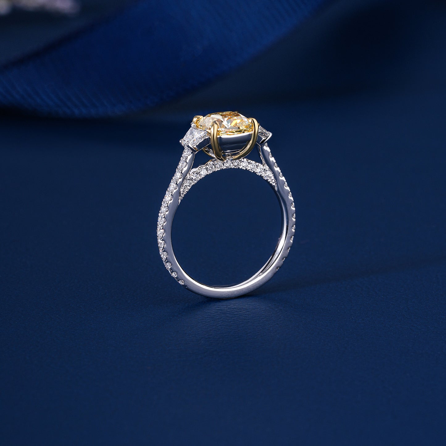 2.00 CT Cushion Yellow Diamond Cut Lab Grown  Diamond Three Stone Pave Set Engagement Ring