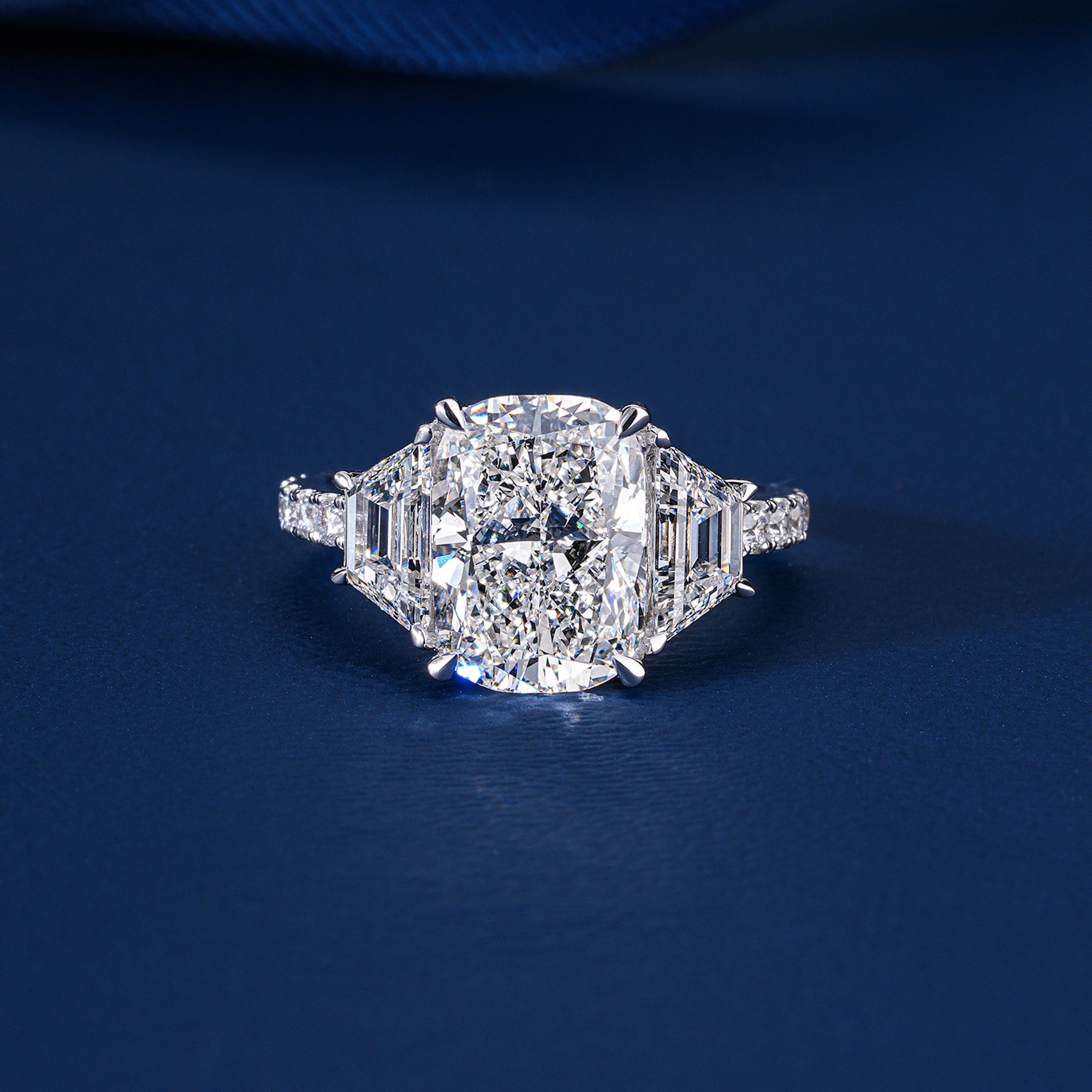 2 ct Radiant Lab Grown Diamond Three Stone Trapezoid Pave Set Engagement Ring