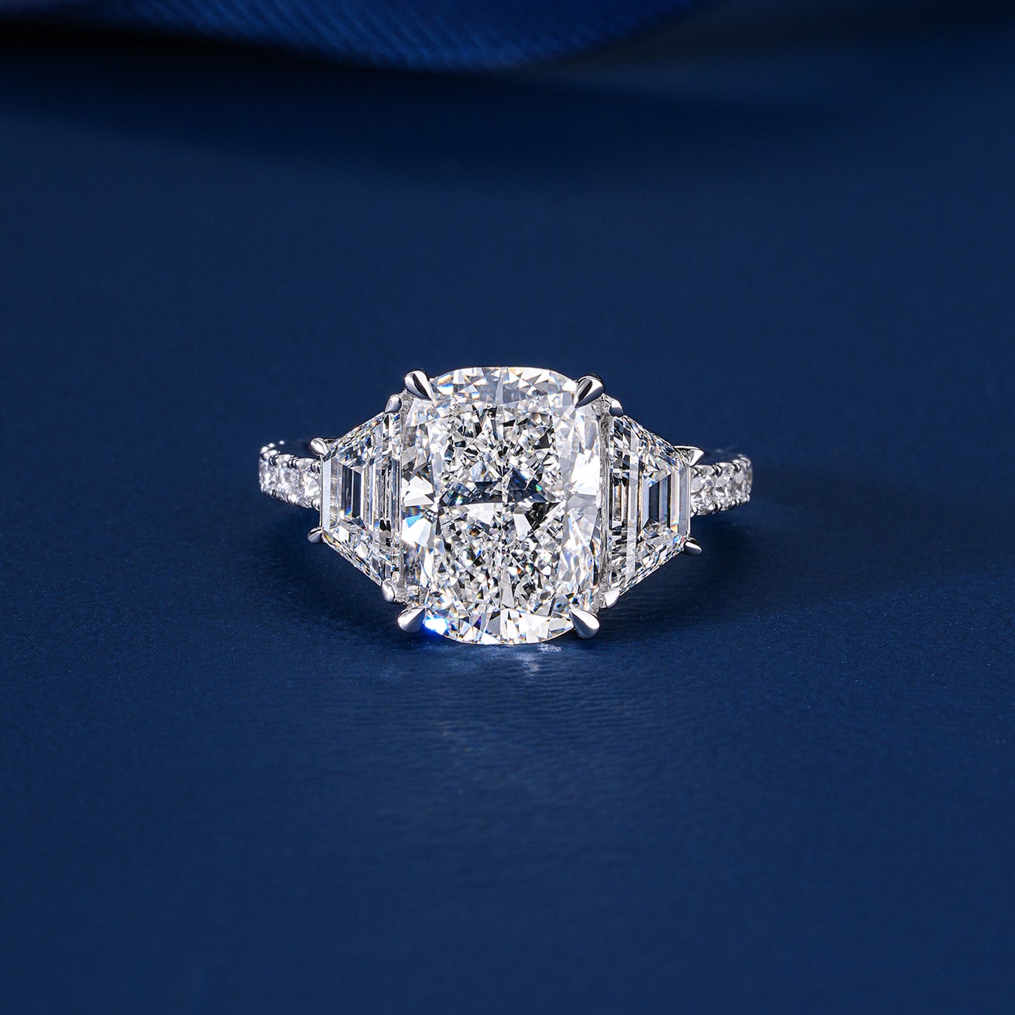 2.00 ct Cushion Lab Grown Diamond Three Stone Trapezoid Pave Set Engagement Ring
