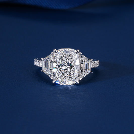 2.00 ct Cushion Lab Grown Diamond Three Stone Trapezoid Pave Set Engagement Ring