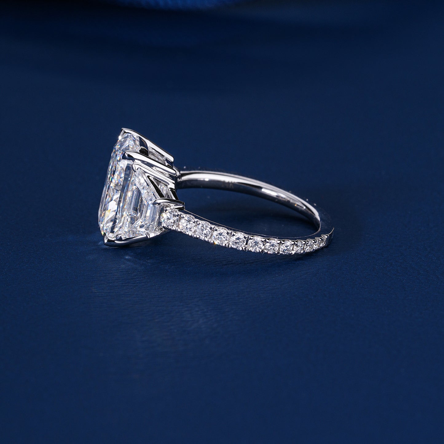 2.00 ct Cushion Lab Grown Diamond Three Stone Trapezoid Pave Set Engagement Ring