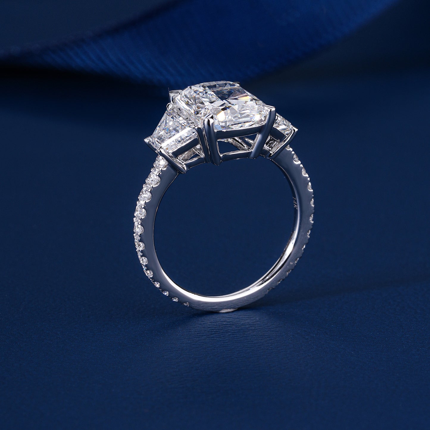 2.00 ct Cushion Lab Grown Diamond Three Stone Trapezoid Pave Set Engagement Ring