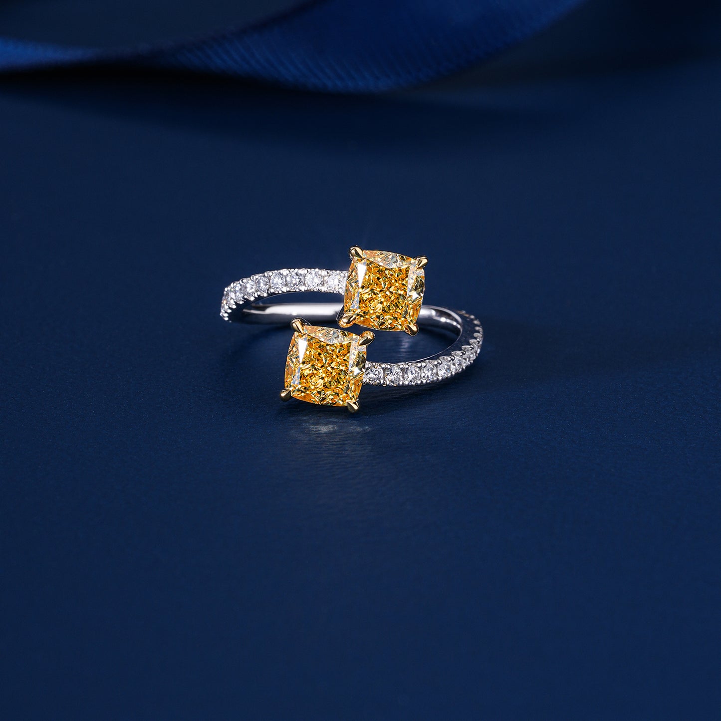 2.00 TCW IGI Certified Fancy Yellow Cushion Cut Double Stone Crossover Ring