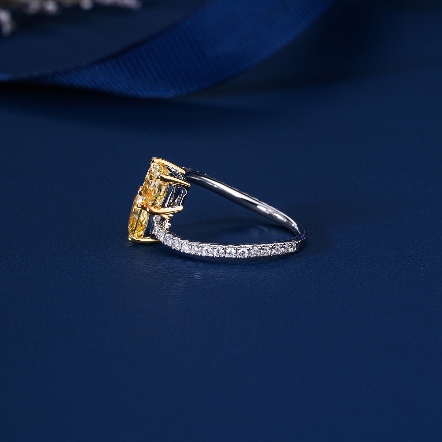 2.00 TCW IGI Certified Fancy Yellow Cushion Cut Double Stone Crossover Ring