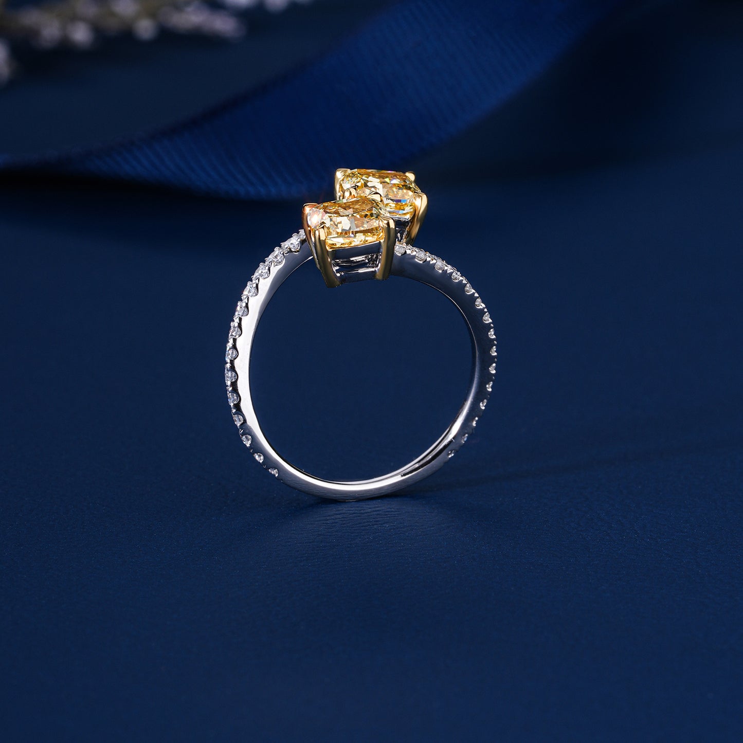 2.00 TCW IGI Certified Fancy Yellow Cushion Cut Double Stone Crossover Ring