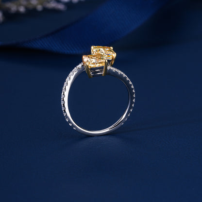 2.00 TCW IGI Certified Fancy Yellow Cushion Cut Double Stone Crossover Ring