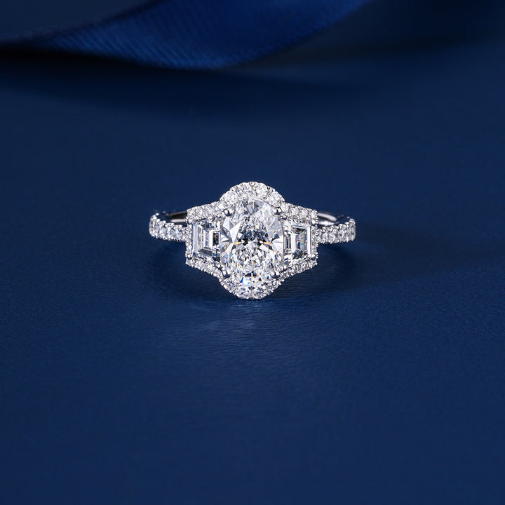 1.2 CT Oval Lab Grown Diamond Three Stone Setting Halo Engagement Ring