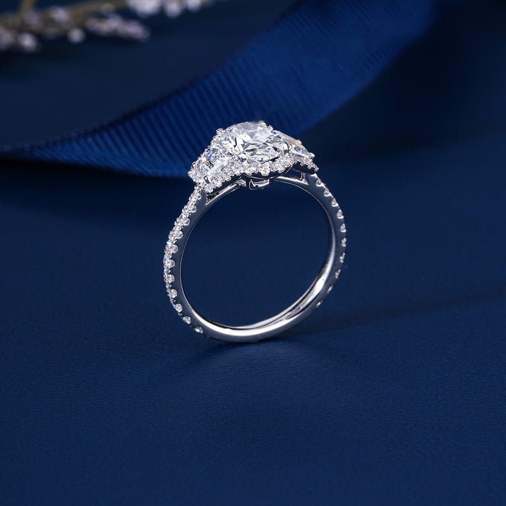 1.2 CT Oval Lab Grown Diamond Three Stone Setting Halo Engagement Ring