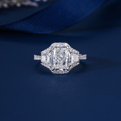 2.00 CT Radiant Cut Lab Grown Diamond Three Stone Halo Engagement Ring