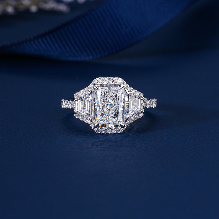 2.0 CT Radiant Cut Lab Grown Diamond Three Stone Halo Engagement Ring