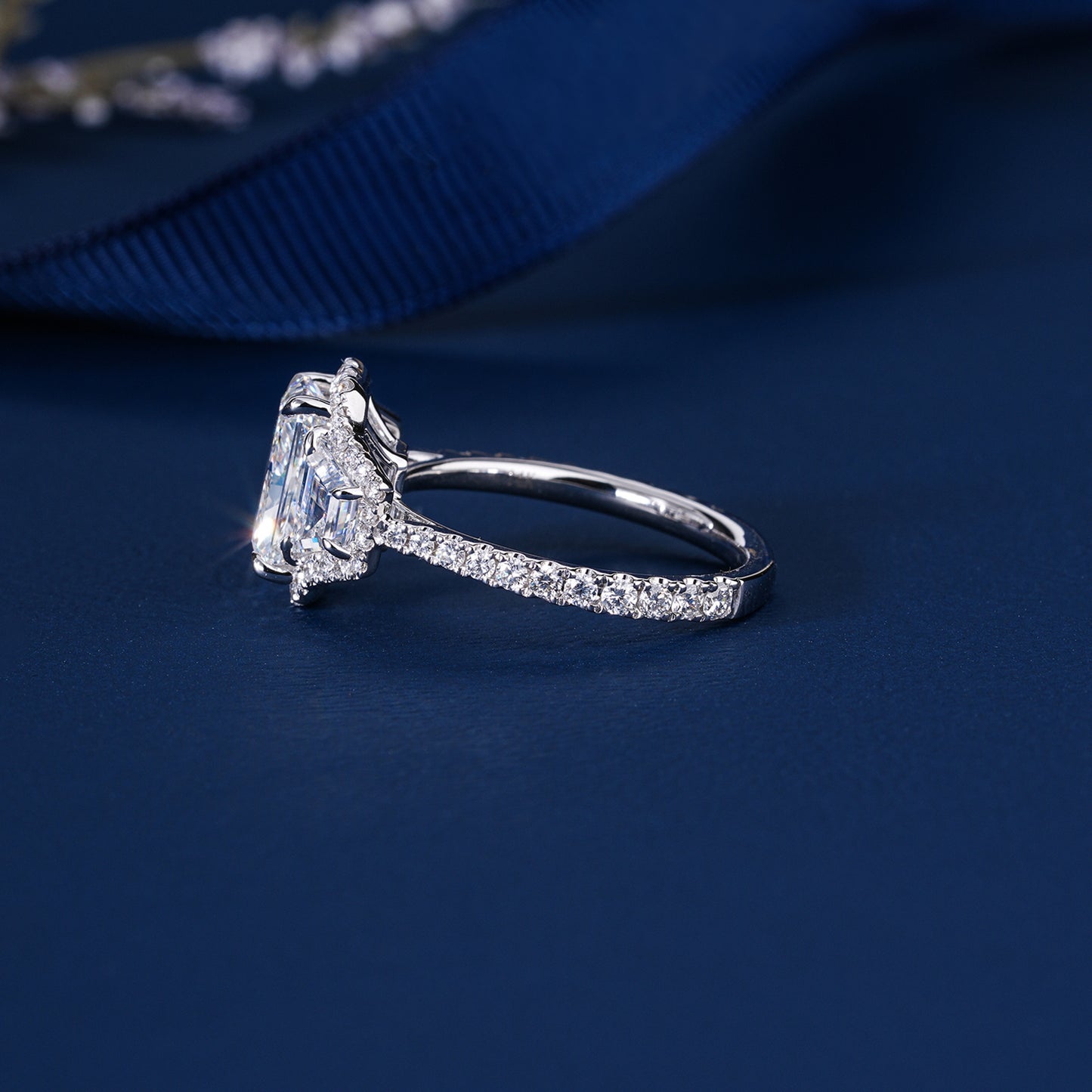 2.00 CT Radiant Cut Lab Grown Diamond Three Stone Halo Engagement Ring