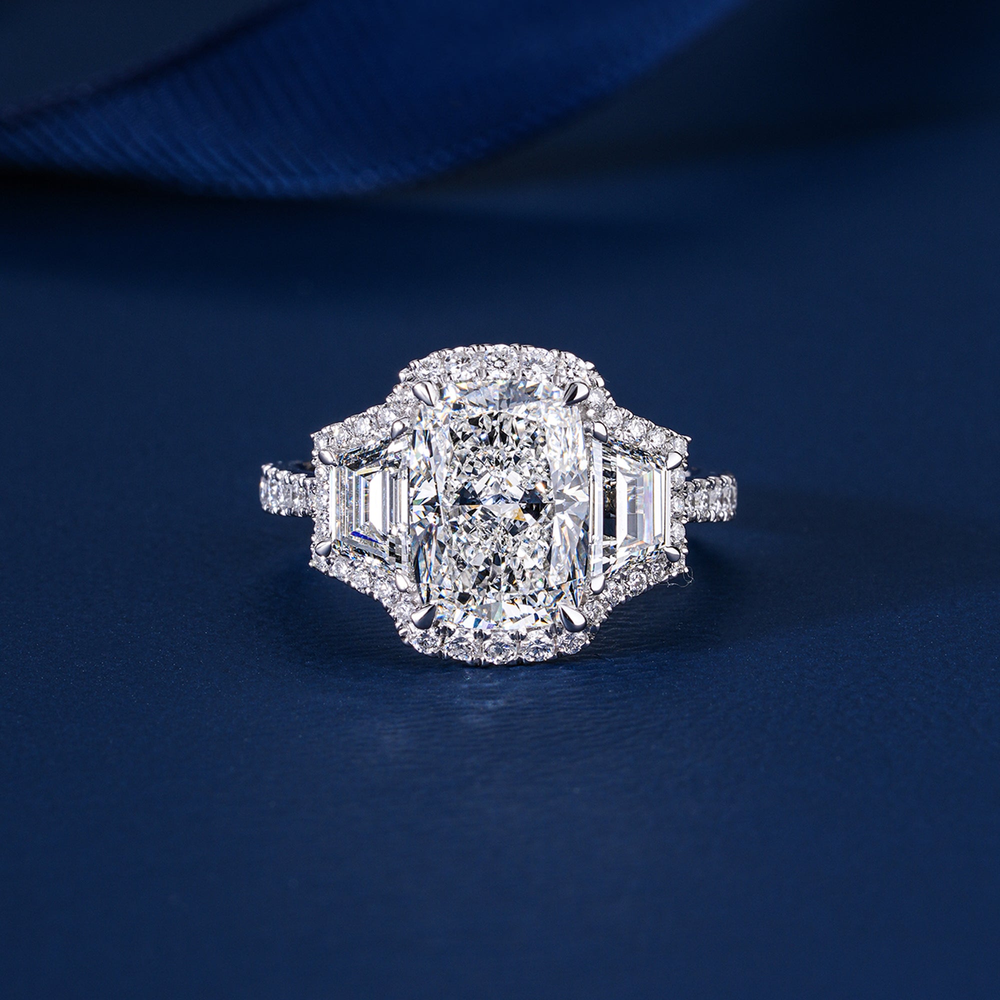3.00 CT Elongated Cushion Diamond Trilogy Art Deco Unique Halo Engagement Ring