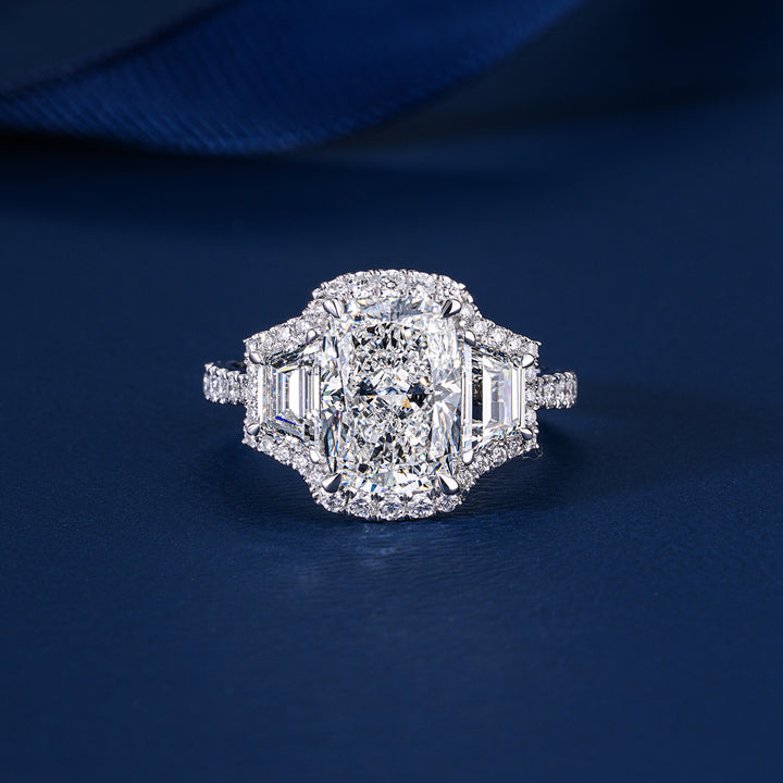 3.00 CT Elongated Cushion Diamond Trilogy Art Deco Unique Halo Engagement Ring