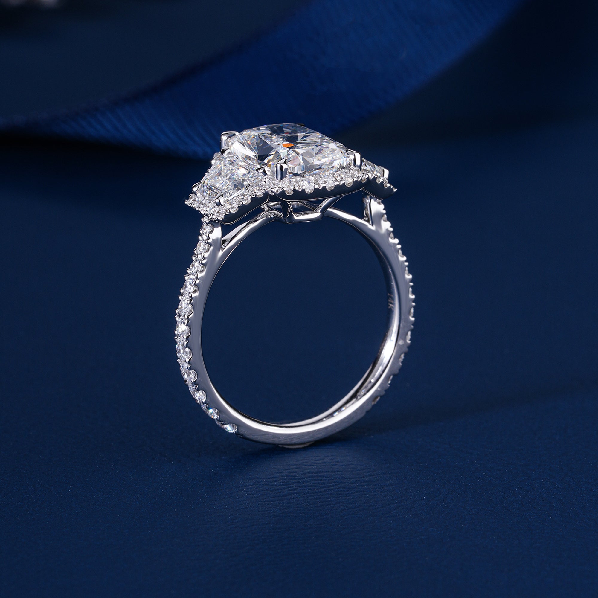 3.00 CT Elongated Cushion Diamond Trilogy Art Deco Unique Halo Engagement Ring