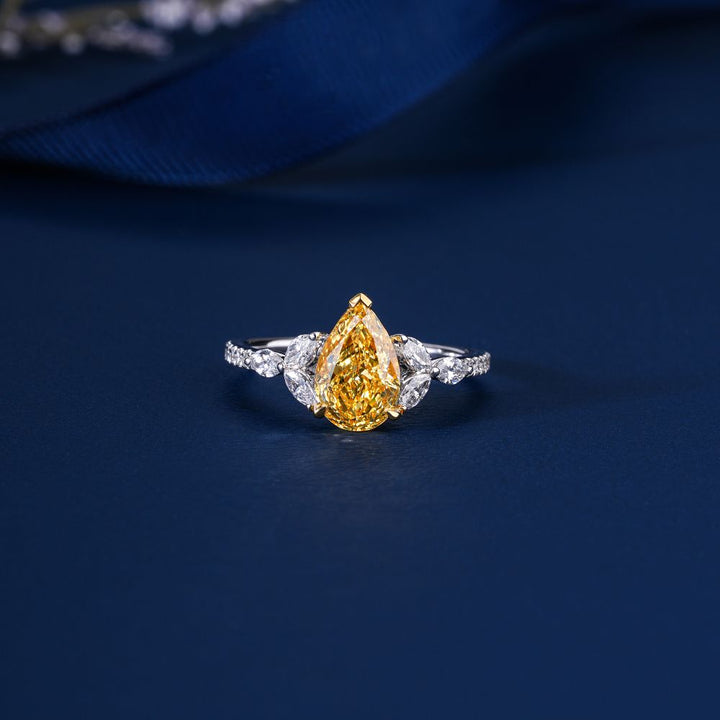 2.10 CT Pear Cut Diamond Engagement Ring with Marquise Side Stones, 14K 18K Solid Gold Unique Three Stone Ring, Lab Grown Diamond Bridal Ring