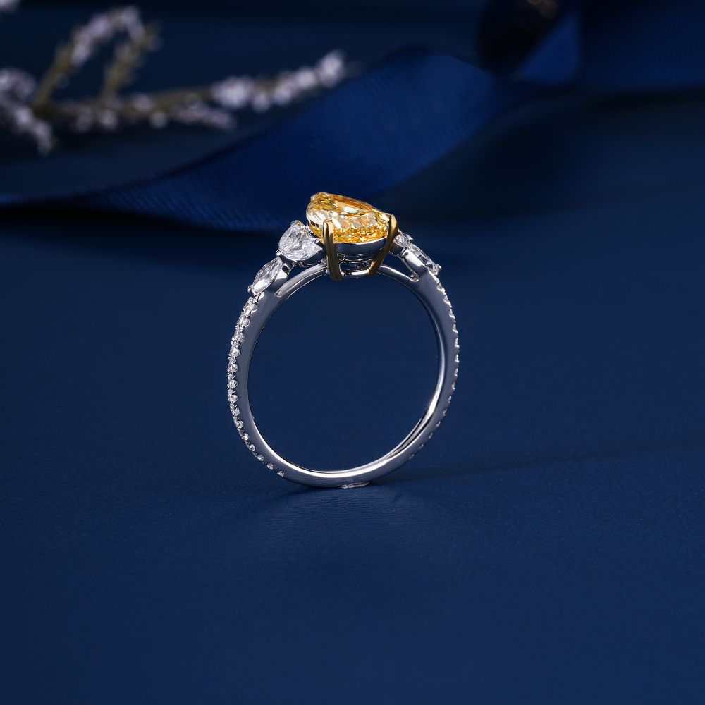 2.10 CT Pear Cut Diamond Engagement Ring with Marquise Side Stones, 14K 18K Solid Gold Unique Three Stone Ring, Lab Grown Diamond Bridal Ring