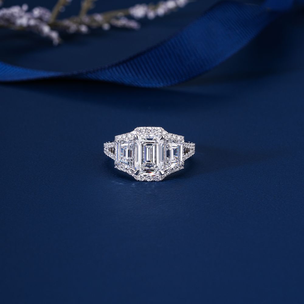 2 CT Emerald Cut Diamond Trilogy Diamond Engagement Ring
