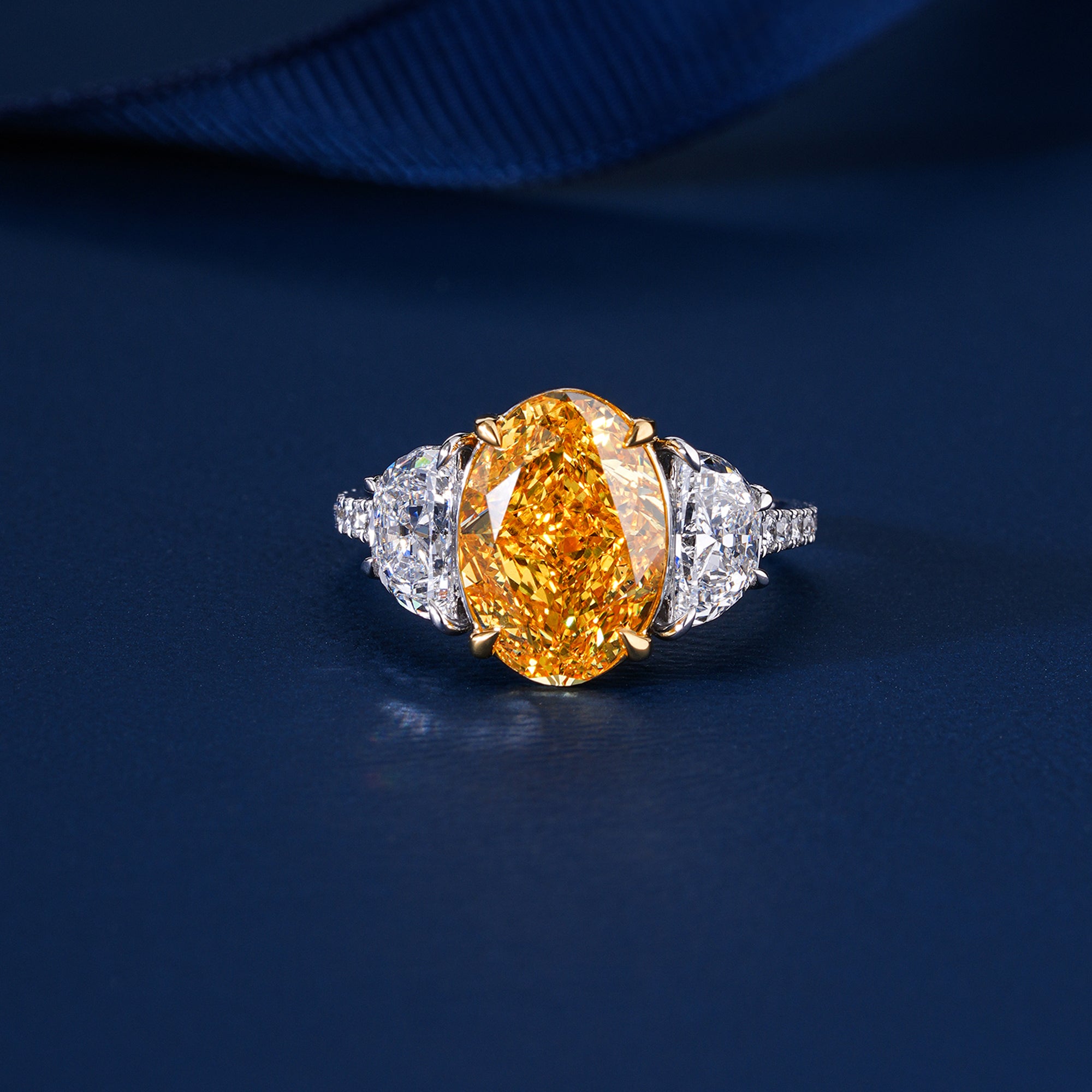 4.10 CT Oval Yellow Diamond Two Tone Setting Half Moon Side Pave Engagement Ring