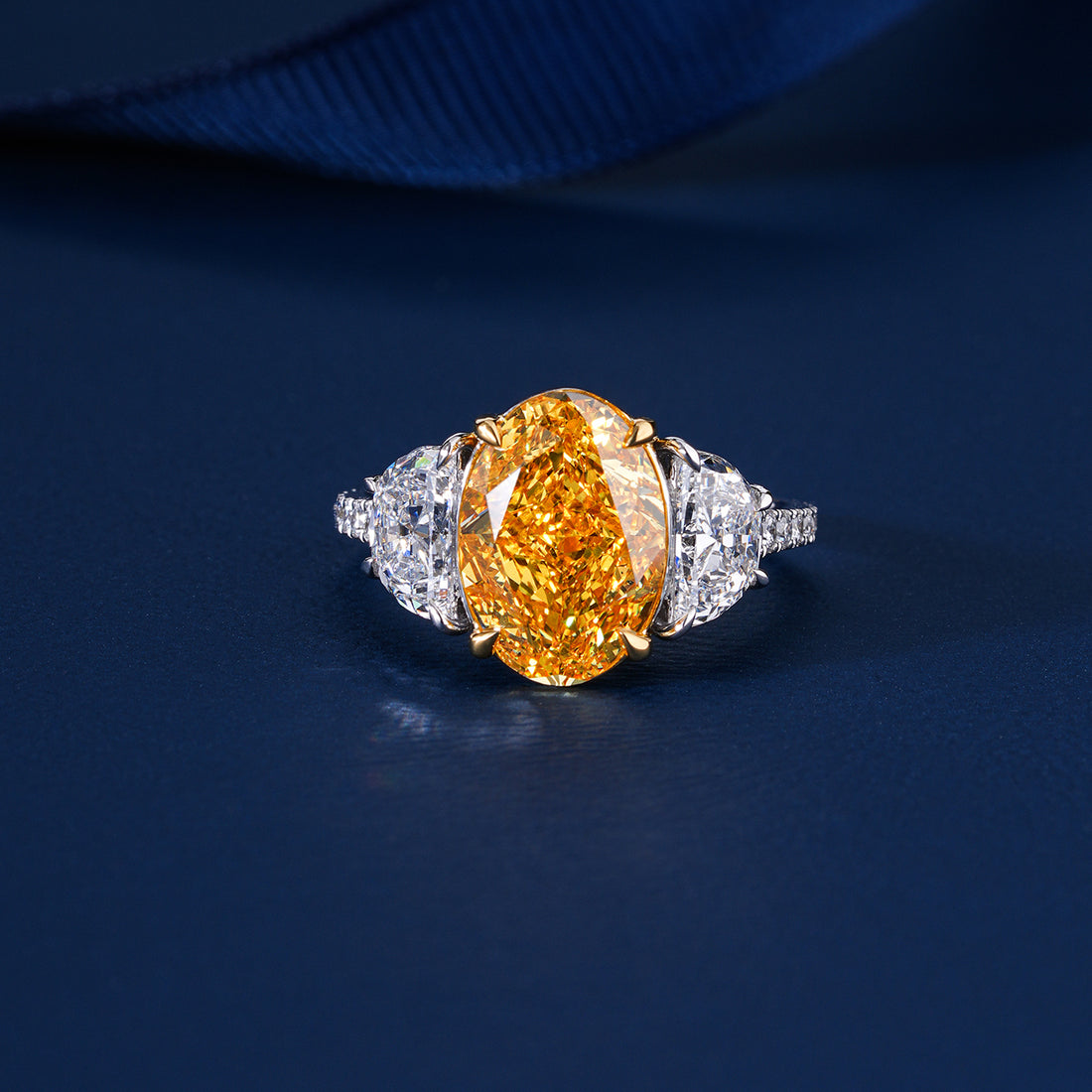 4.10 CT Oval Yellow Diamond Two Tone Setting Half Moon Side Pave Engagement Ring