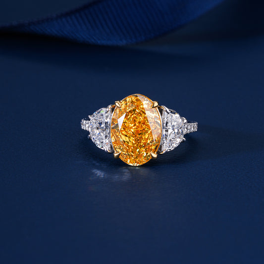 4.00 CT Oval Yellow Diamond Two Tone Setting Half Moon Side Pave Engagement Ring