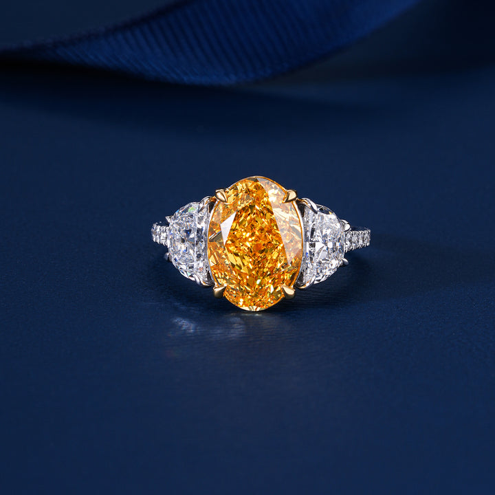 4.10 CT Oval Yellow Diamond Two Tone Setting Half Moon Side Pave Engagement Ring