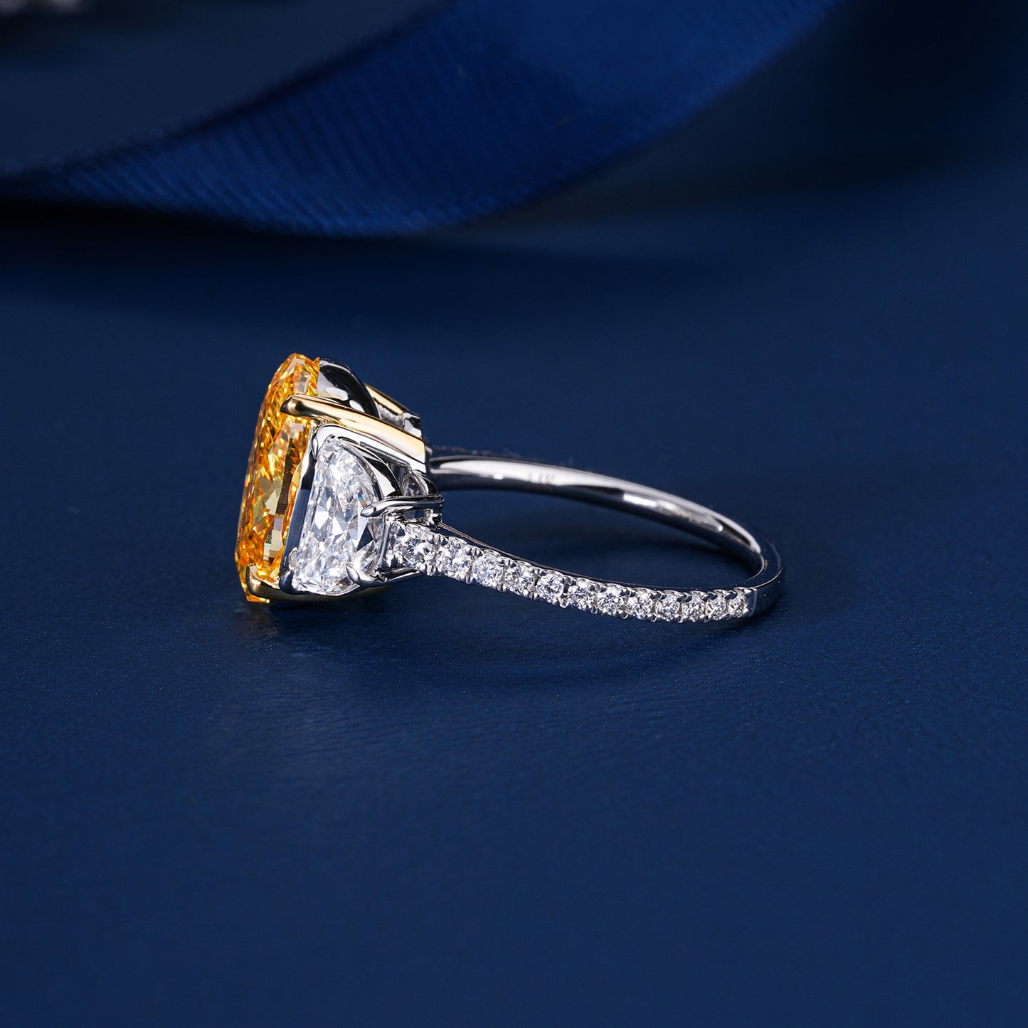 4.00 CT Oval Yellow Diamond Two Tone Setting Half Moon Side Pave Engagement Ring
