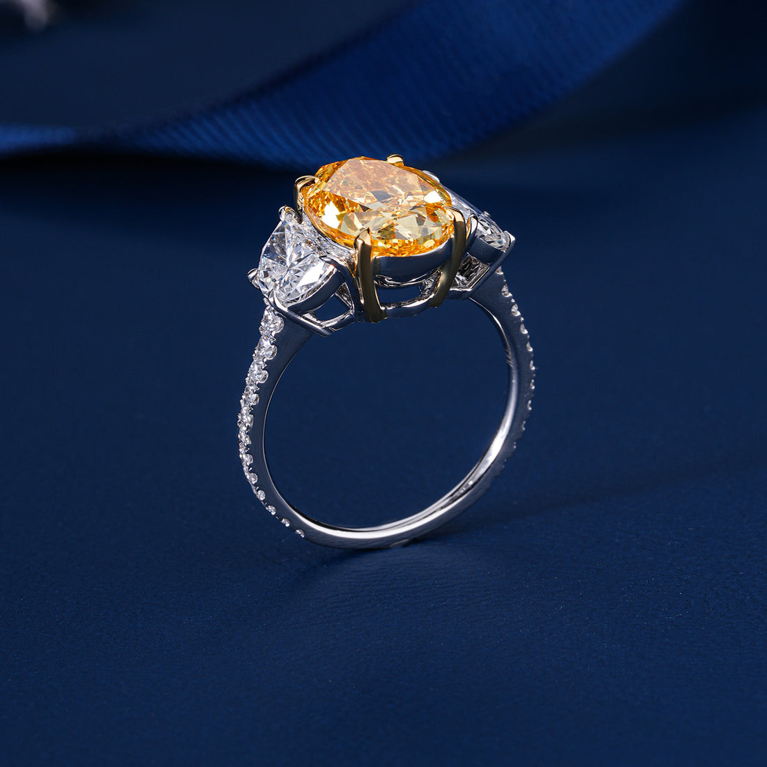 4.10 CT Oval Yellow Diamond Two Tone Setting Half Moon Side Pave Engagement Ring