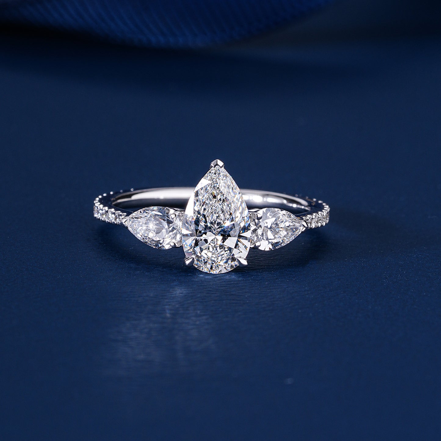 1.00 Ct Pear (Teardrop) Three Stone Pave Setting Luxury Engagement Ring