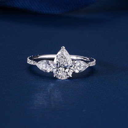 1.00 Ct Pear (Teardrop) Three Stone Pave Setting Luxury Engagement Ring