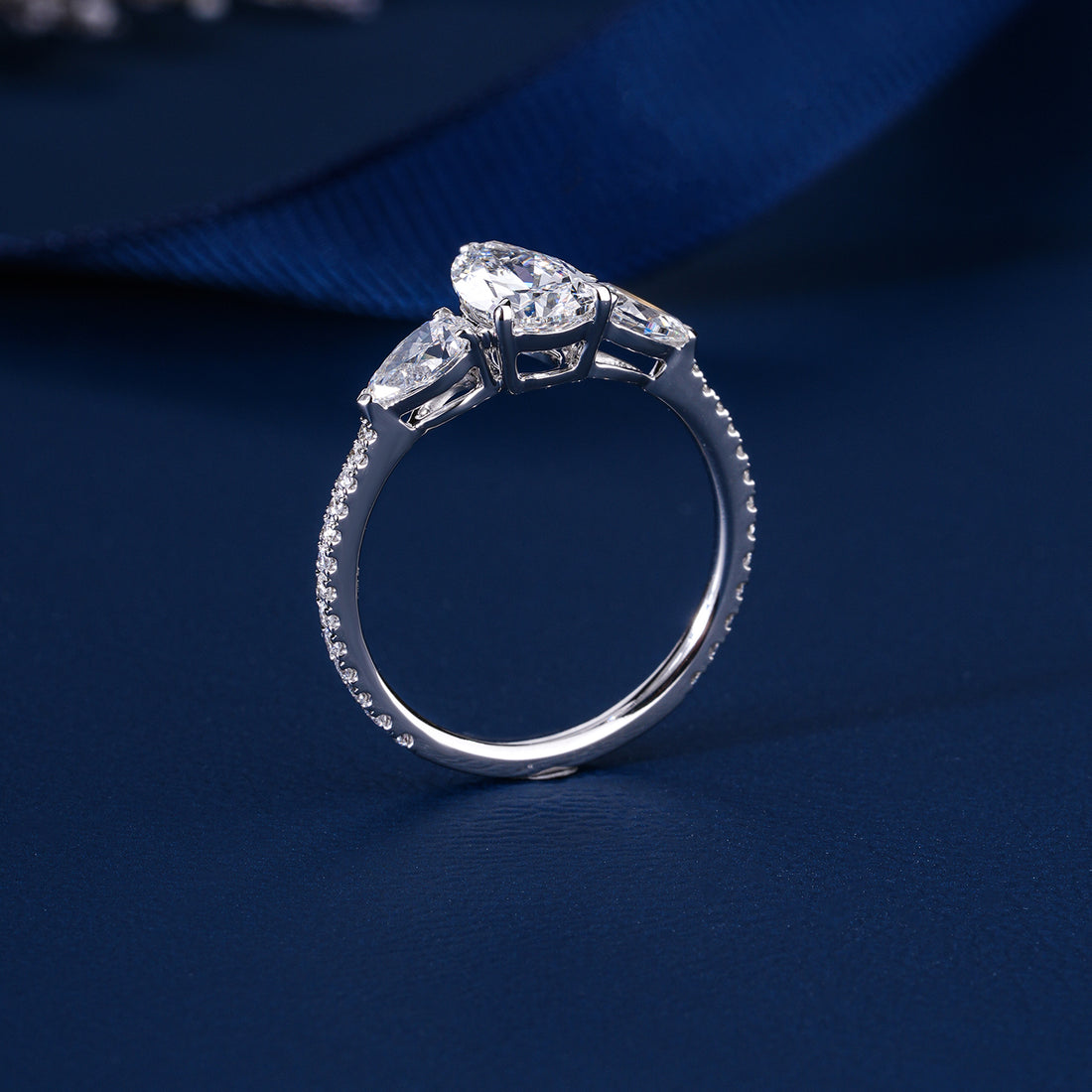 1.10 Ct Pear (Teardrop) Three Stone Pave Setting Luxury Engagement Ring