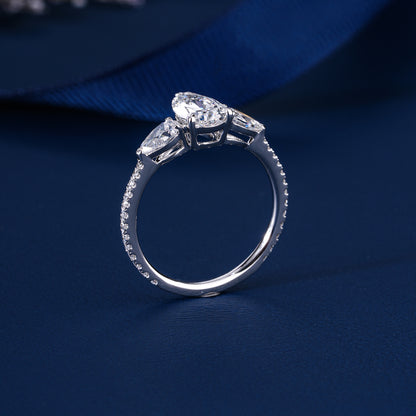 1.00 Ct Pear (Teardrop) Three Stone Pave Setting Luxury Engagement Ring
