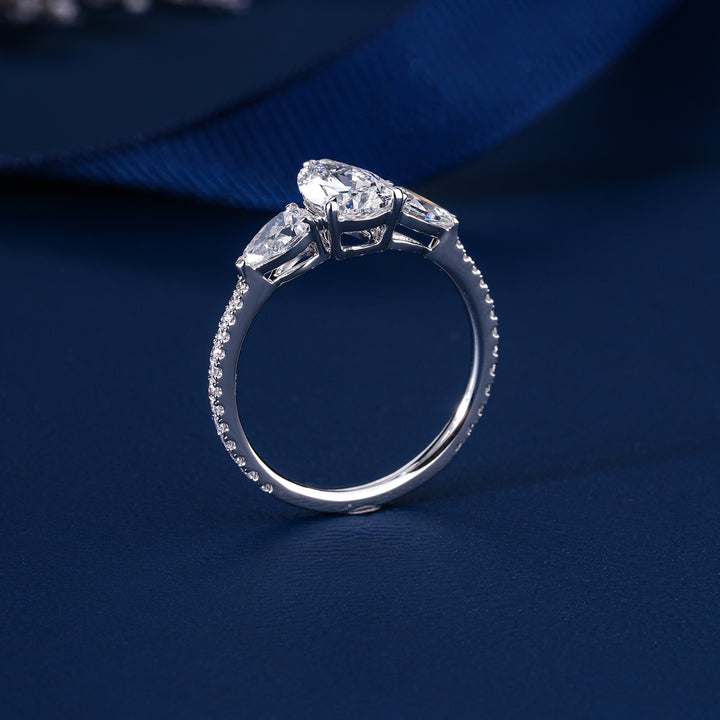 1.10 Ct Pear (Teardrop) Three Stone Pave Setting Luxury Engagement Ring