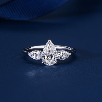 1.00 Carat Pear (Teardrop) Three Stone Pave Setting Luxury Engagement Ring