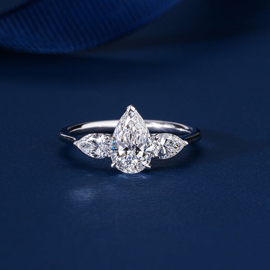 1.00 Carat Pear (Teardrop) Three Stone Pave Setting Luxury Engagement Ring