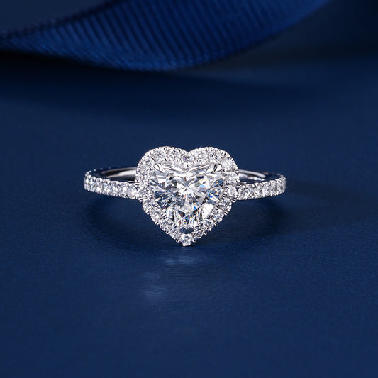 1.00 CT Heart Cut Lab Grown Diamond Halo Pave Romantic Engagement Ring