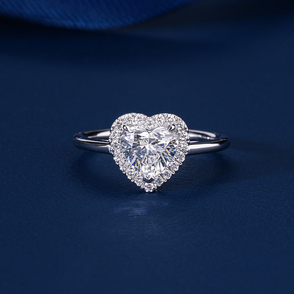 1.00 CT Heart Cut Lab Grown Diamond Halo Solitaire Romantic Engagement Ring