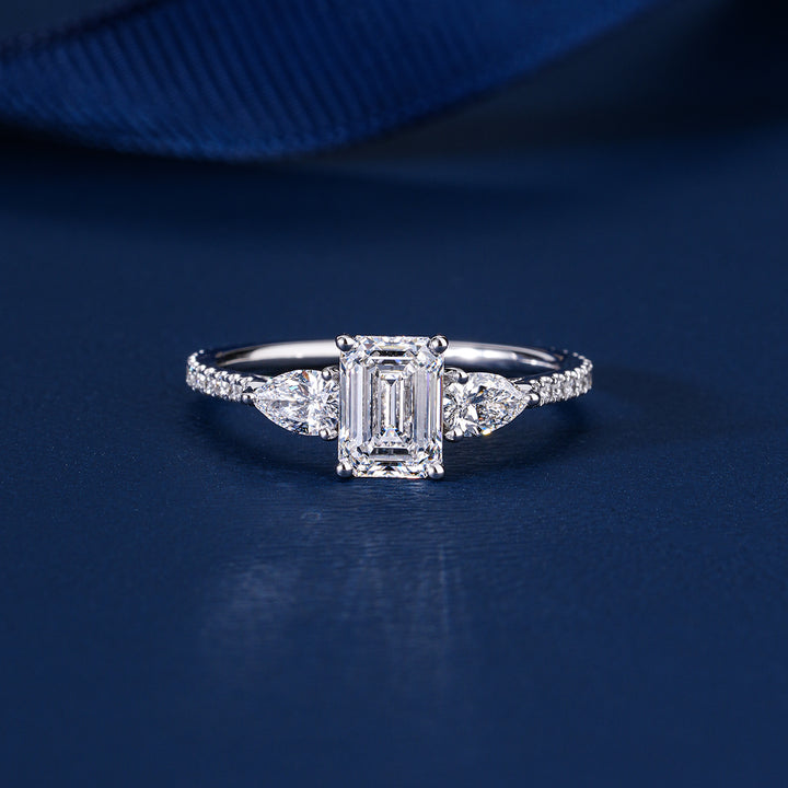 1.00 CT Emerald Cut Lab Grown Diamond Pear Side Trilogy Unique Engagement Ring