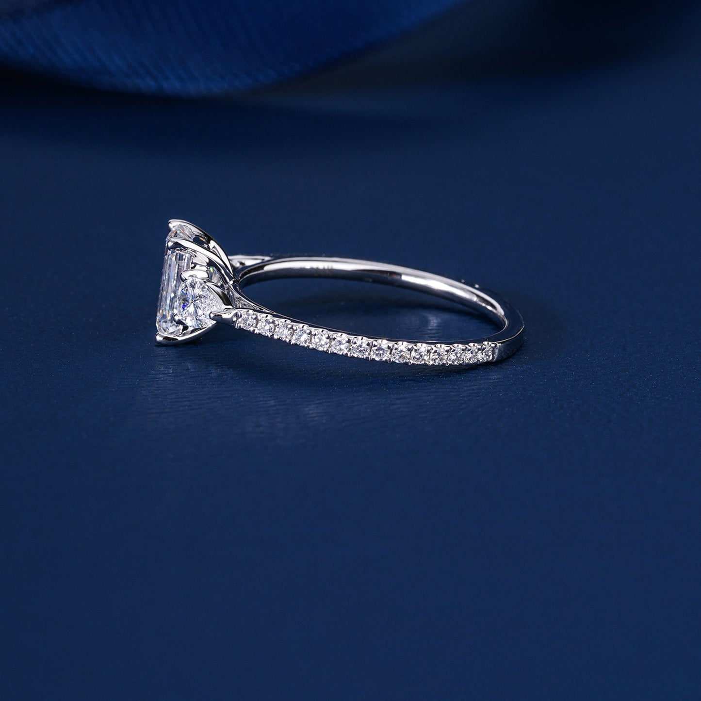 1.00 CT Emerald Cut Lab Grown Diamond Pear Side Trilogy Unique Engagement Ring