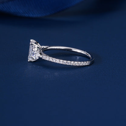 1.00 CT Emerald Cut Lab Grown Diamond Pear Side Trilogy Unique Engagement Ring