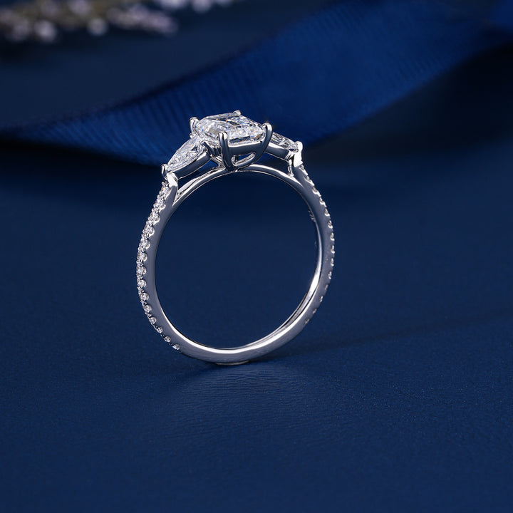 1.00 CT Emerald Cut Lab Grown Diamond Pear Side Trilogy Unique Engagement Ring