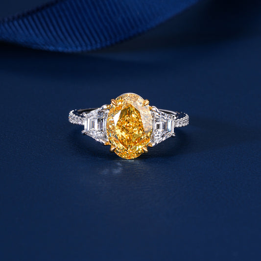 3.00 Carat Oval Yellow Diamond Ring Trilogy Art Deco Engagement RIng
