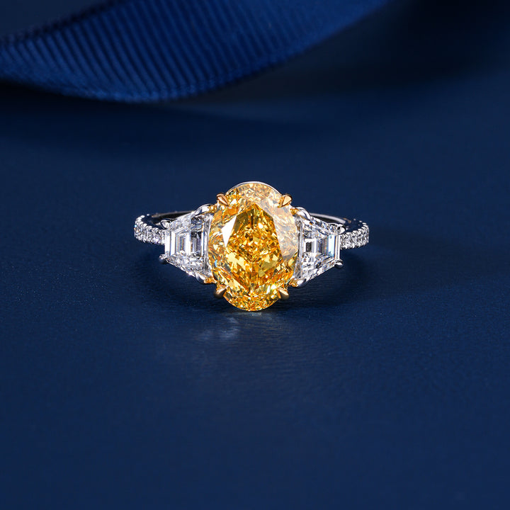 3.10 Carat Oval Yellow Diamond Ring Trilogy Art Deco Engagement RIng