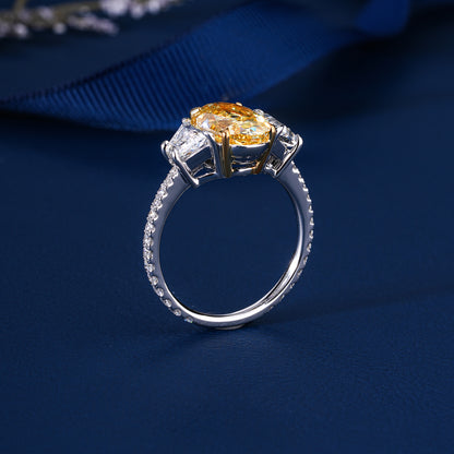 3.00 Carat Oval Yellow Diamond Ring Trilogy Art Deco Engagement RIng