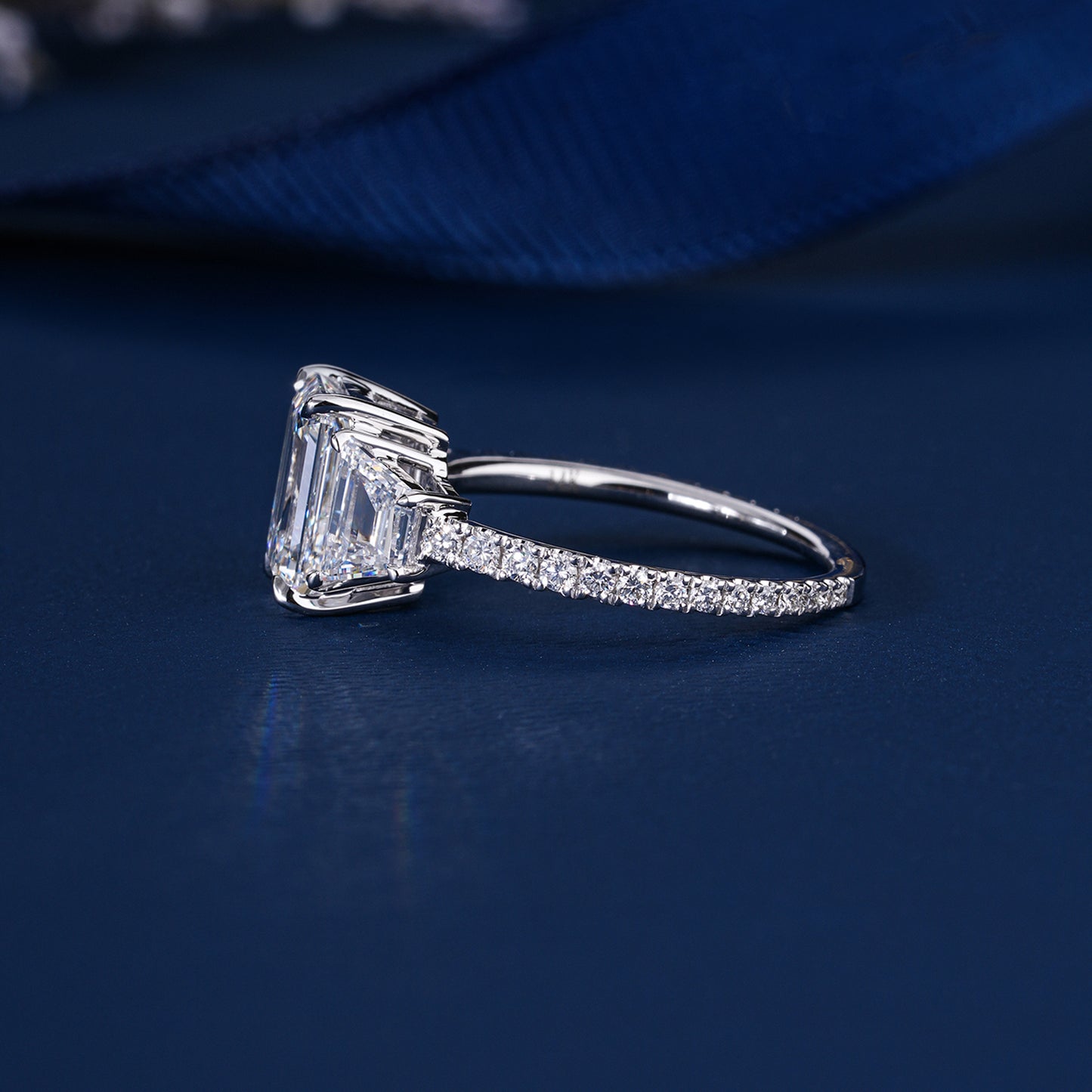 2.00 CT Emerald Cut Lab Grown Diamond Trilogy Geometric Setting Engagement Ring