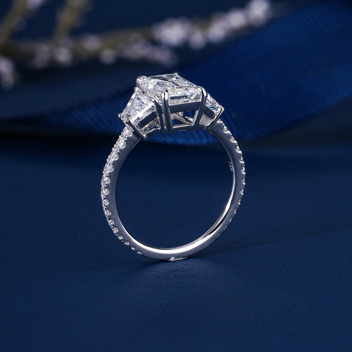 2.10 CT Emerald Cut Lab Grown Diamond Trilogy Geometric Setting Engagement Ring