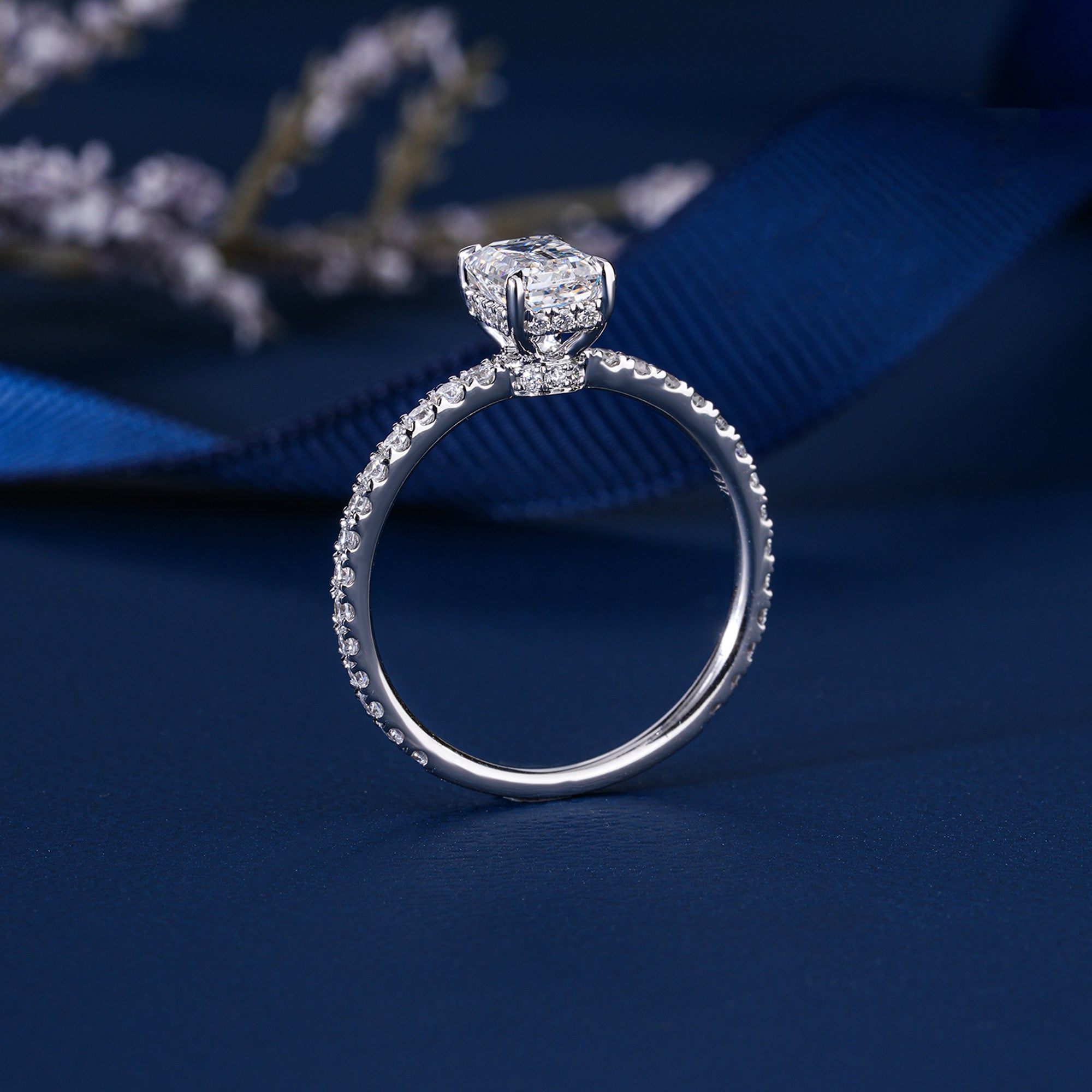 1 Carat Emerald Diamond Ring Petite Pave & Hidden Halo Engagement Ring