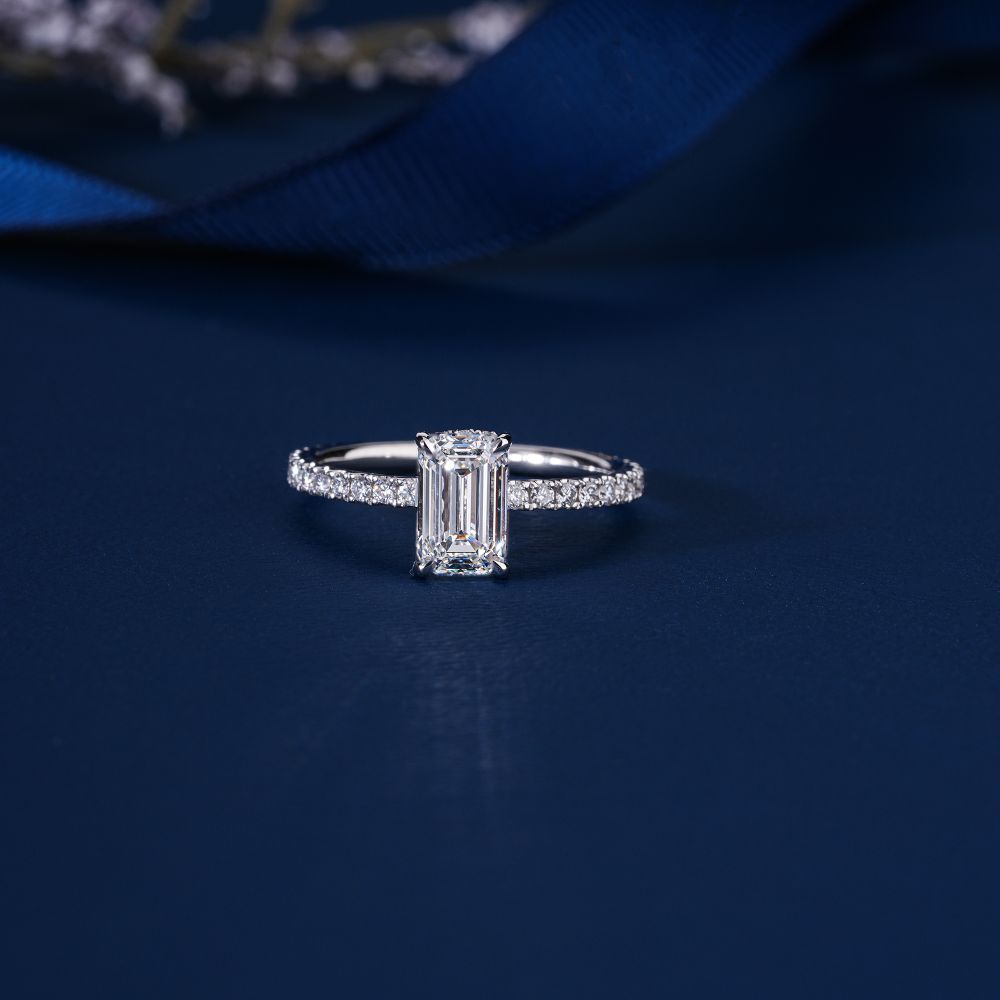 2 Ct Emerald Diamond Ring Petite Pave & Hidden Halo Engagement Ring