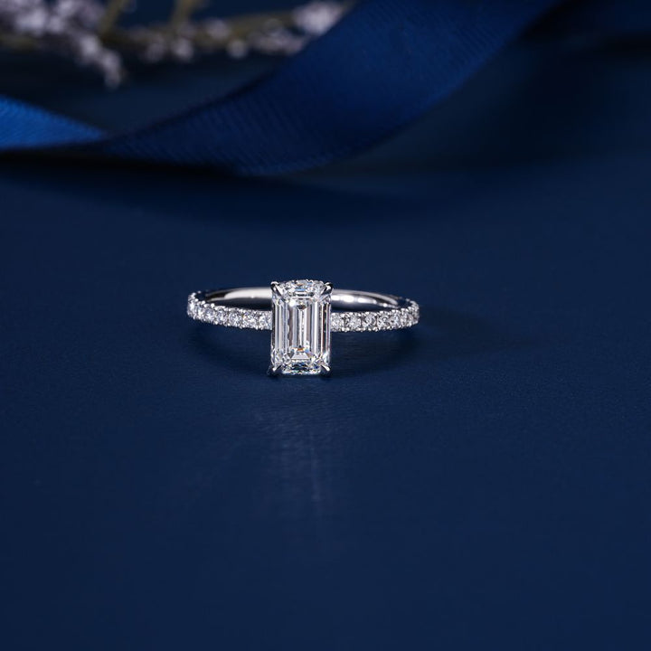 2 Ct Emerald Diamond Ring Petite Pave & Hidden Halo Engagement Ring