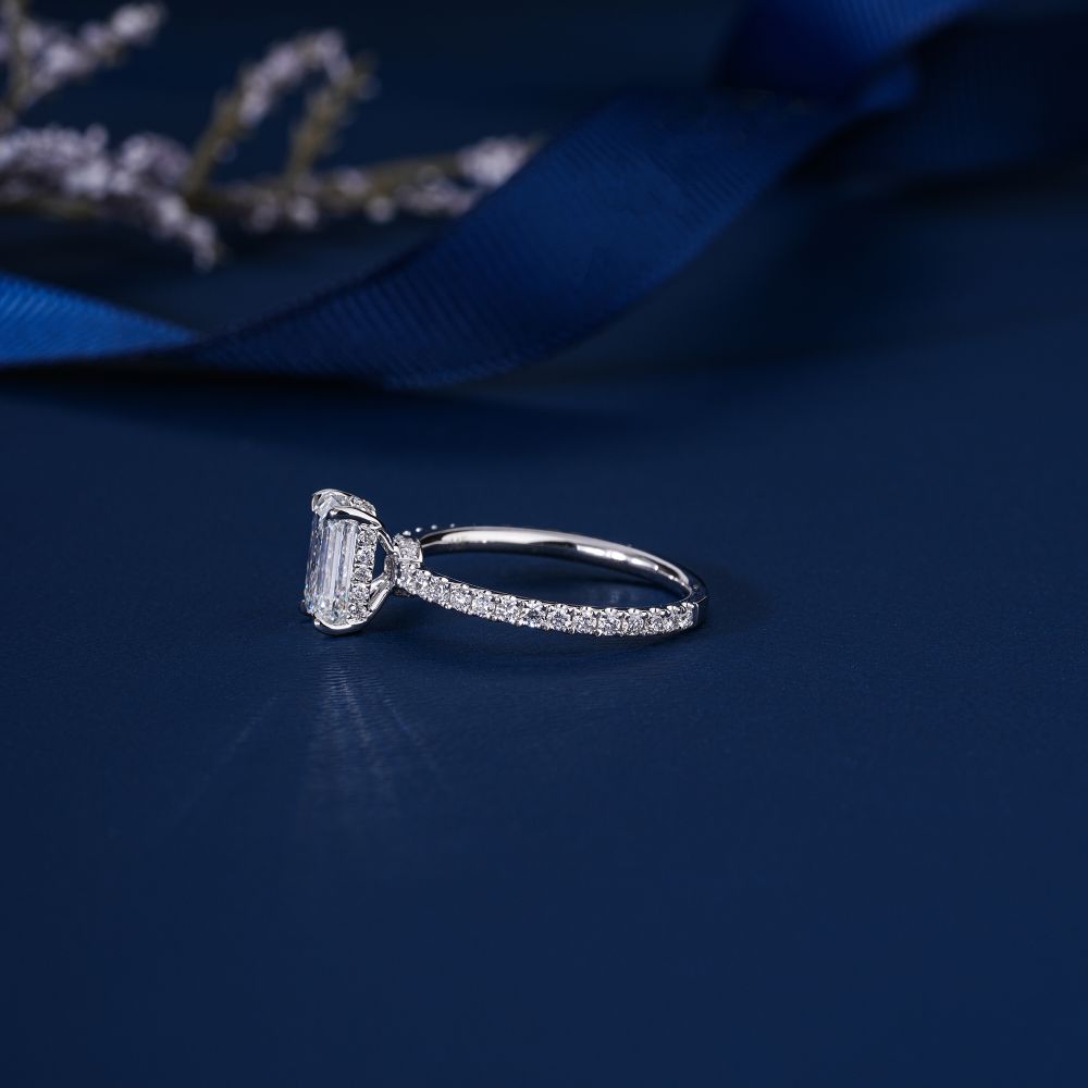 1.10 Ct Emerald Diamond Ring Petite Pave & Hidden Halo Engagement Ring