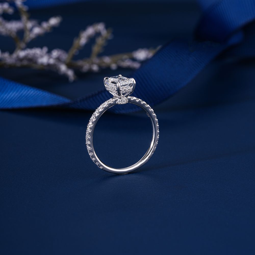 1.3 Ct Emerald Diamond Ring Petite Pave & Hidden Halo Engagement Ring